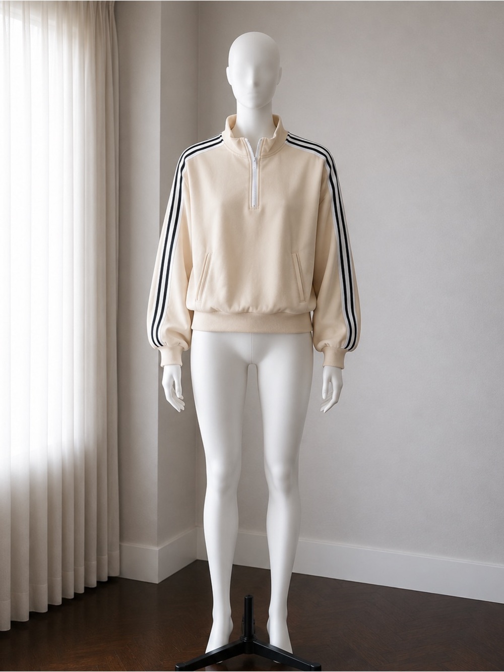 Oversized Cream Half-Zip Track Jacket funnel neck Stripe Sleeves